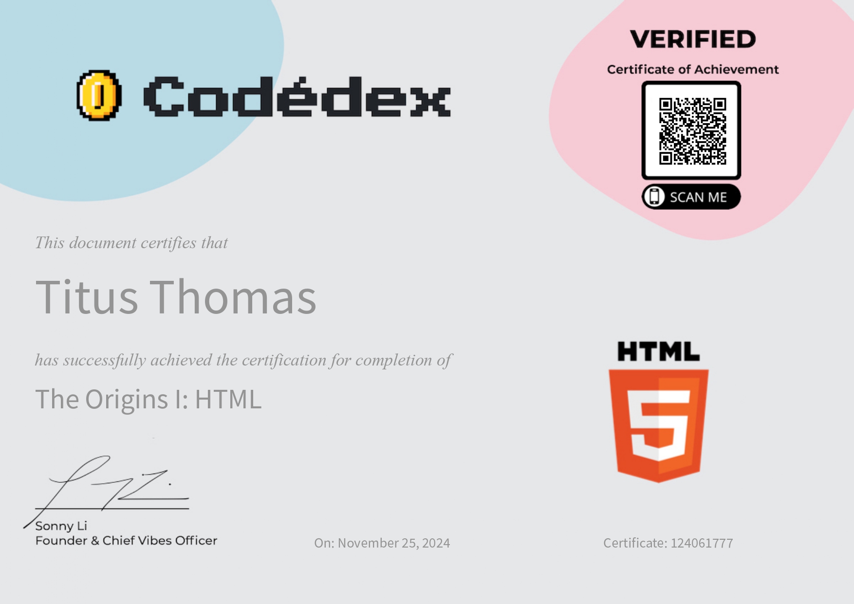 Codedex HTML Certificate
